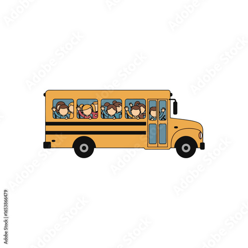 Cartoon depiction of a yellow school bus filled with children.