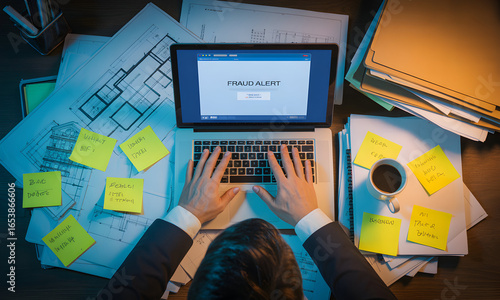 Overwhelmed businessman working late at night, surrounded by paperwork, sticky notes, and a laptop displaying a document. He's typing intensely, showing the pressures of a demanding job and deadline.