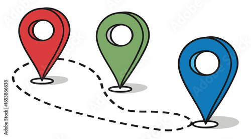 Three colorful map pins connected by a dotted line, representing a journey, route, or series of important locations