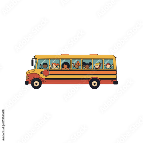 Colorful cartoon school bus with diverse children riding.