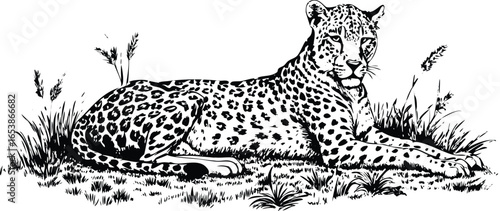 A detailed black and white sketch of a cheetah resting in tall grass, showcasing its spotted coat and powerful build in a naturalistic setting