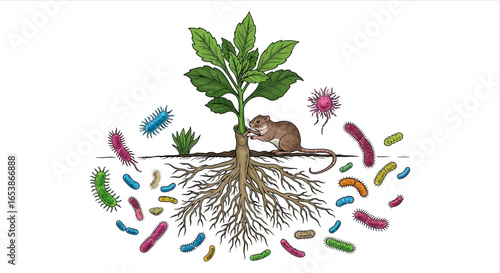 Rat eating plant roots amidst surrounding bacteria in the ecosystem illustrating microbial ecology and the degradation of organic matter in soil crucial for environmental science studies.