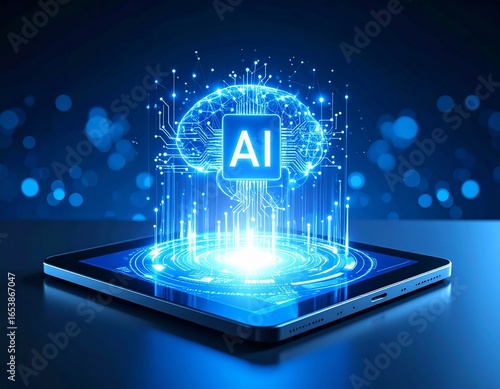 Wallpaper Mural Glowing holographic AI projection floating above tablet in futuristic setting. Torontodigital.ca