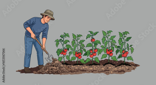 Tending to tomato plants gardener using a shovel in a vegetable garden cultivating the soil around ripe tomatoes illustrating sustainable gardening and growing organic food