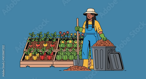 Woman gardener tending a raised garden bed composting with a bin and shovel cultivating plants vegetables and flowers on a sunny day promoting sustainable living and healthy eating.