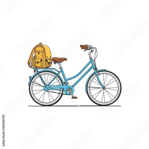 A classic light blue bicycle with a yellow backpack on its rear rack, isolated on a white background.