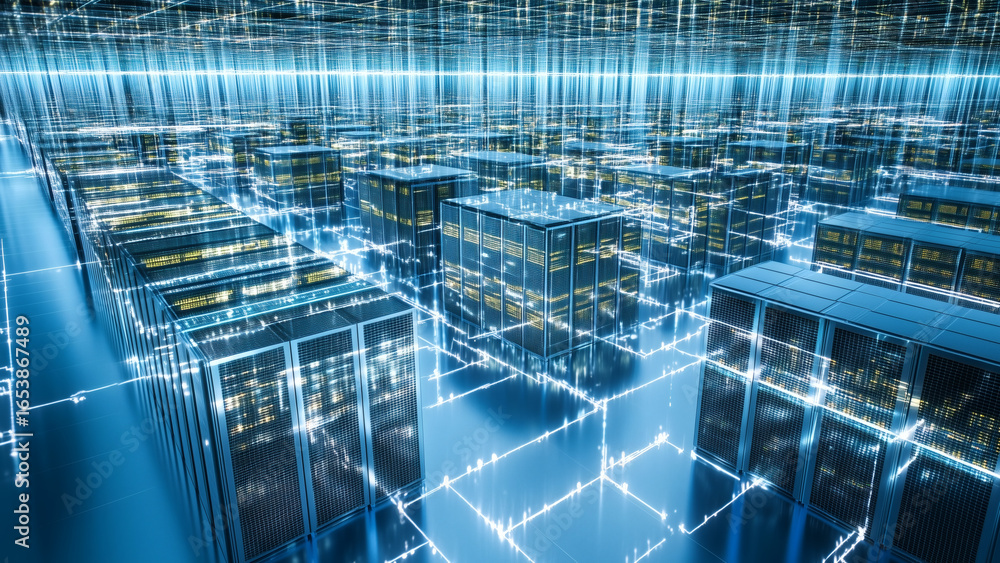 Obraz premium Massive IT data facility with endless rows of glowing network servers. 