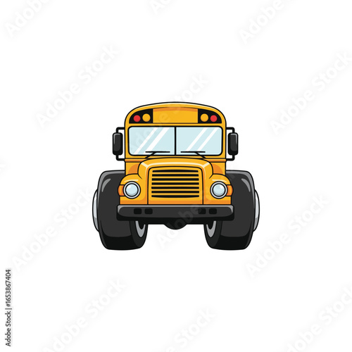 A cartoon illustration of a yellow school bus with oversized, rugged tires, presented front-on against a white background.