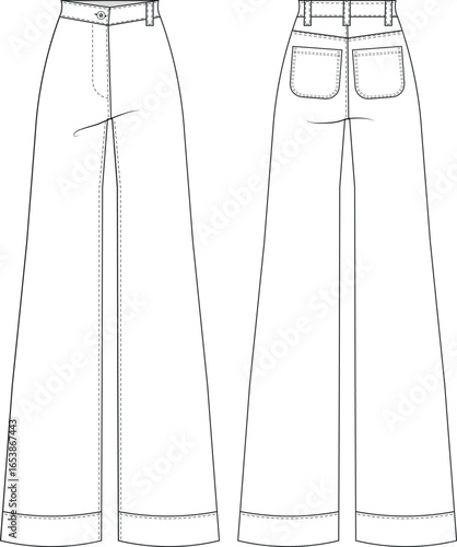 high rise waist fit and flared wide leg denim jean pant trouser template technical drawing flat sketch cad mockup fashion woman design style model 
