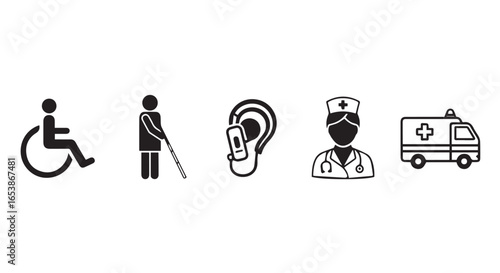 Flat lay of accessibility icons: wheelchair, blind person, hearing aid, nurse, ambulance; monochrome; healthcare support concept; against white background.