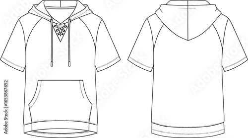 cad drawing flat vector illustration, men’s short sleeve hoodie, lace up front, kangaroo pocket, fashion technical sketch design