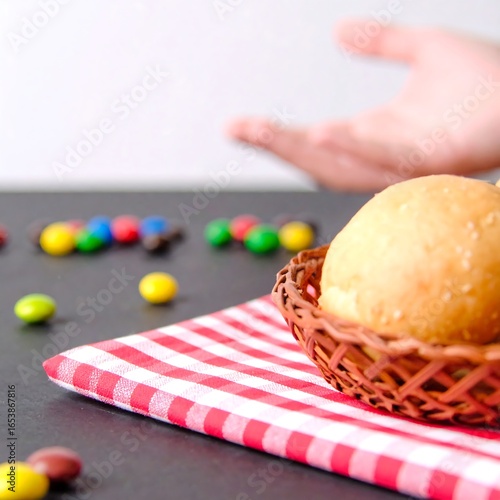 Basket of buns on checkered tablecloth with colorful candies