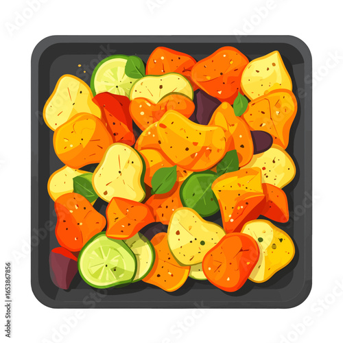 Overhead Flatlay of Homemade Chips with Lime Pepper and Basil in Square Dark Gray Tray a Appetizing Snack