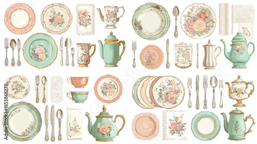 Elegant watercolor illustration of vintage floral tableware, including teapots, cups, plates, and cutlery in pastel tones. Perfect for kitchen decor, menus, or antique-themed designs.