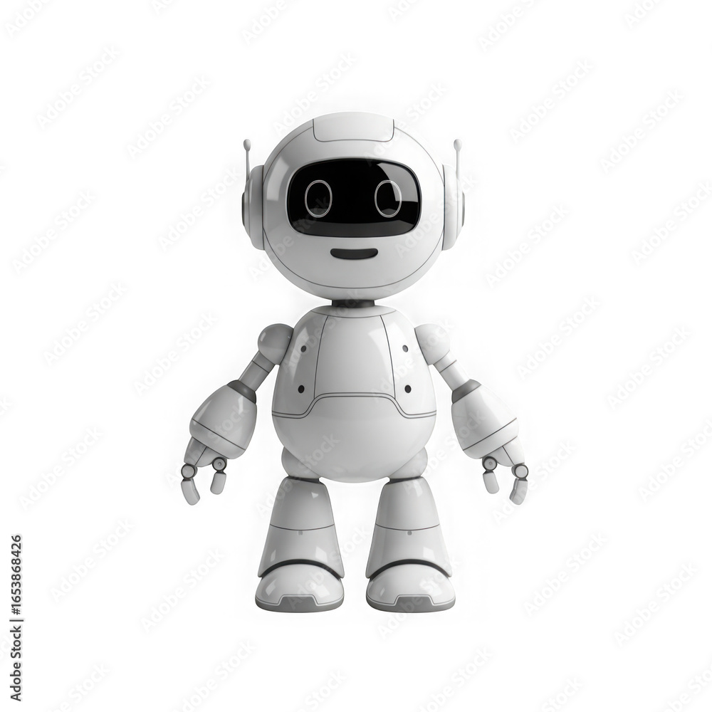 Cute white robot character standing against a black background Cute white robot character standing against a black background