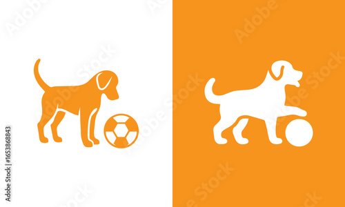 Playful Dog and Soccer Ball, Minimalist Orange and White Vector Icons