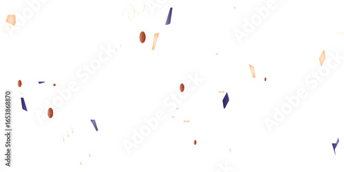 A festive and celebratory abstract background with a multitude of scattered confetti and streamers in blue and orange, creating a joyful, dynamic pattern on a clean white background.