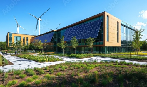 Contemporary eco-friendly university campus featuring advanced solar panels and wind turbines, showcasing the commitment to sustainable energy and reducing carbon footprint, Generative AI