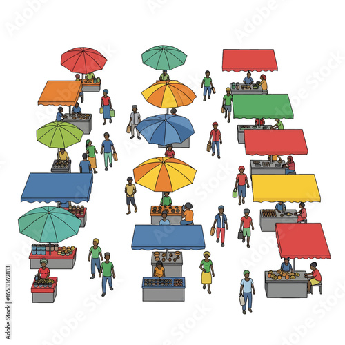 Vibrant Pixel Art Depiction of a Bustling Open Air Market with Numerous Vendors and Colorful Umbrellas on a Sunny Day