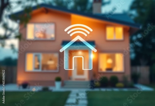 Modern home icon with WiFi signal, blurred house backdrop,  home,   wifi symbol