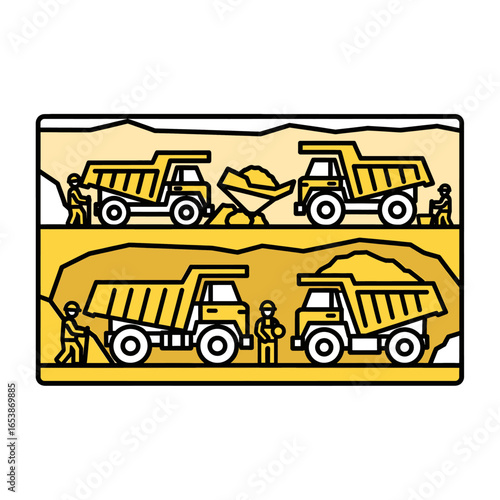 Illustration of Gold Mining Operation with Dump Trucks and Workers Extracting Resources in Industrial Setting