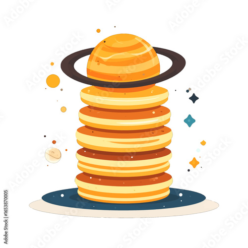 Whimsical Stack of Doughnuts Shaped as Planets with Saturn Ring in a Pixel Art Style on a White Backdrop