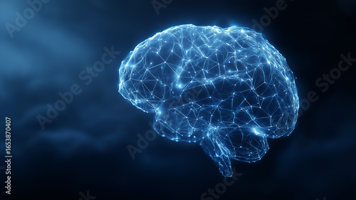 Floating hologram brain, neon light illuminating dark lab, detailed neural pathways glowing
