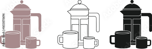 French press coffee maker and mugs vector illustration