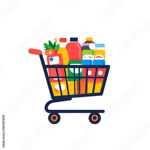 Vibrant Shopping Cart Overflowing with Assorted Groceries Against a Clean White Background in a Flat Design Style