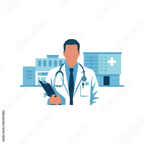 Doctor with stethoscope and clipboard in front of hospital building medical healthcare