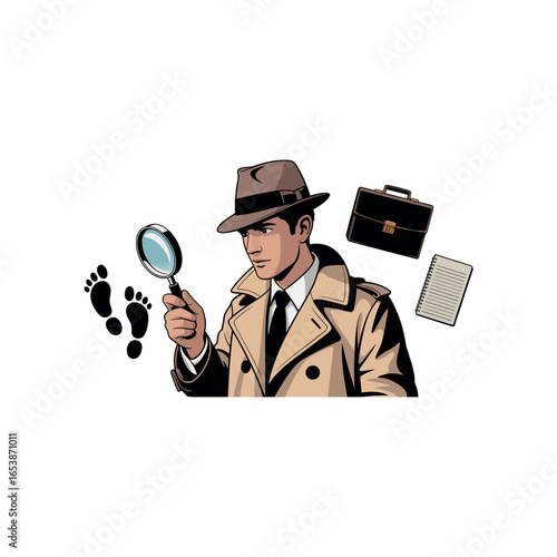 Detective examining footprints with magnifying glass and briefcase investigation crime