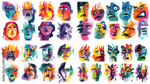 Expressive watercolor portraits of abstract faces in vivid colors representing diverse emotions. Ideal for modern art, poster design, psychology themes, and contemporary illustration.