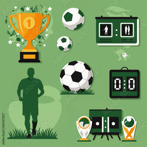 Set of flat design soccer icons including football, trophy, player, and scoreboard for a sports match.
