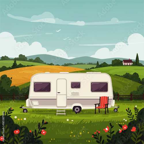 Peaceful Countryside Camping Scene with Caravan and Red Chair