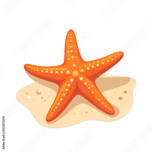 Bright Orange Starfish Resting On Beige Sand Isolated Against White Background Showing Marine Wildlife and Coastal Beach Theme