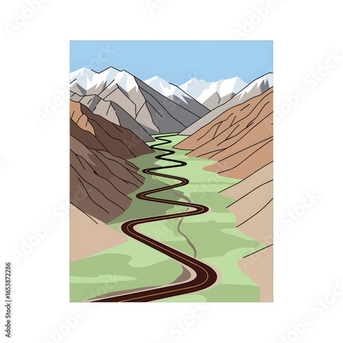Pixel Art Winding Road Through a Green Valley in Brown Mountains with Snowy Peaks Under a Clear Blue Sky