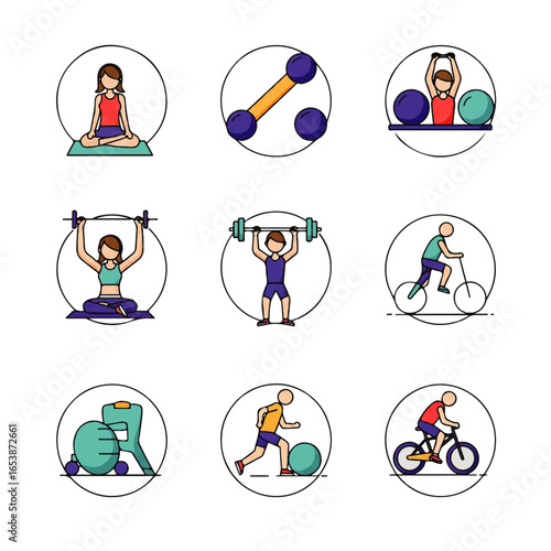 Vibrant vector illustrations of diverse fitness activities and sports equipment, including yoga, weightlifting, and cycling, perfect for health, gym, and active lifestyle designs.