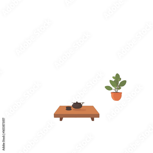 Still Life of Tea Set on Wooden Table Next to Potted Plant in Pixel Art Style with Relaxing Atmosphere
