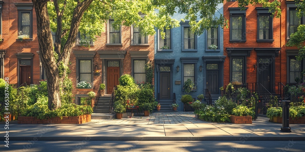 Brick row private houses, showcasing traditional residential architecture in a charming urban setting. 3D rendering, Generative AI