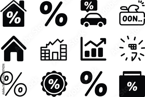 Various black and white financial and percentage related icons