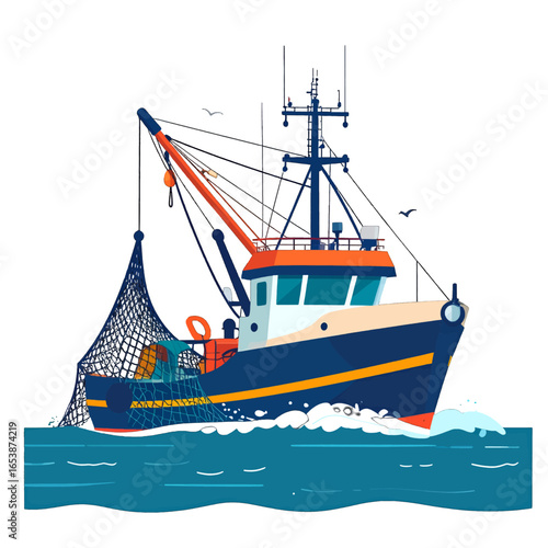Fishing Trawler Illustration with Nets and Antenna on Deep Blue Ocean with Water Wake and White Background