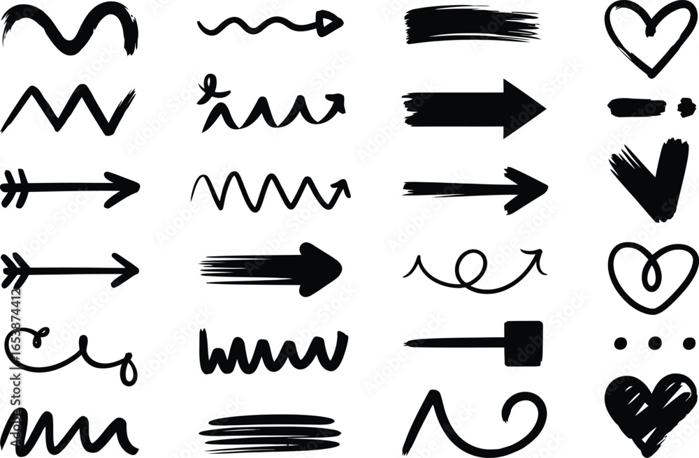 Fototapeta premium A collection of hand drawn black arrows hearts and brush strokes
