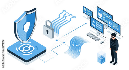 Isometric illustration depicting cybersecurity with a shield, padlock, data streams, monitors, and a hacker figure.