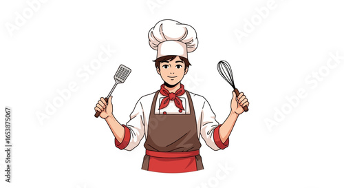 A smiling chef holding a spatula and whisk, ready to prepare food.