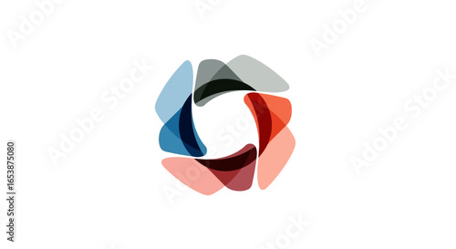 Abstract design featuring overlapping translucent shapes in shades of blue, red, gray, and black, forming a circular pattern.