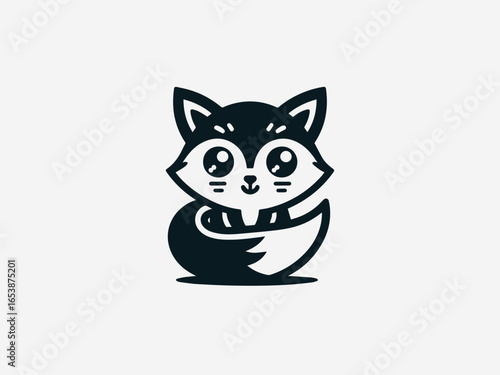 Playful baby fox with bushy tail and curious expression in charming vector logo