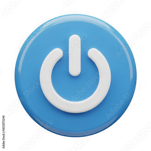 Blue circular power button icon on black background