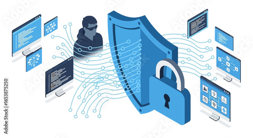 Hacker figure attempts to bypass a digital shield and padlock protecting computer network and data.