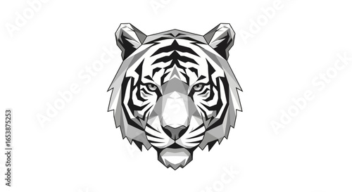 Frontal view of a tiger's head depicted in a geometric, low-poly style, rendered in grayscale.