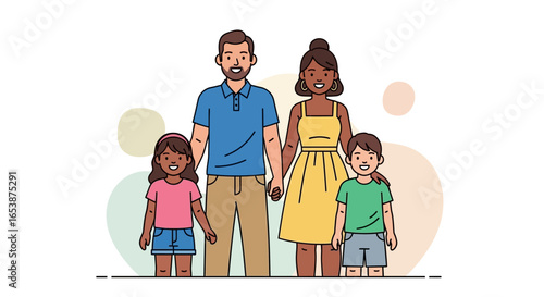 Happy multiracial family of four stands together, parents holding hands with their children.